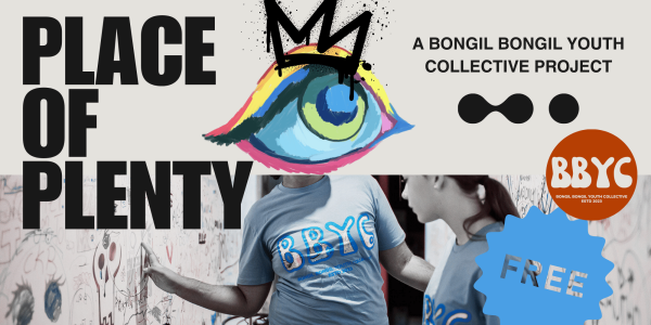 Title says 'Place of plenty' with an illustrated eye ball with a graffiti crown on a human body in a blue shirt