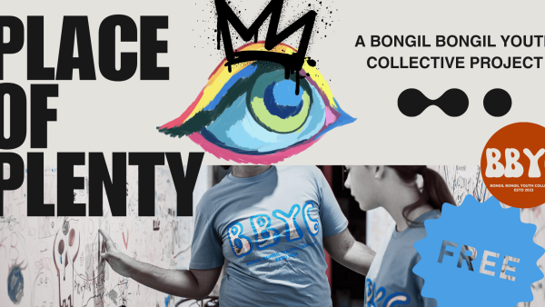 Title says 'Place of plenty' with an illustrated eye ball with a graffiti crown on a human body in a blue shirt