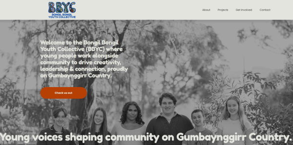 picture of BBYC homepage of website with their logo, a black and white photo of young people with intro text and click to find out more